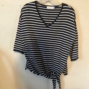 Time and Tru Navy and White Striped Top with Tie - 3/4 sleeve